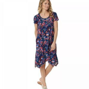 Cuddl Duds Flexwear Floral Cut-out Short Sleeve Pul-over Handkerchief Midi Dress
